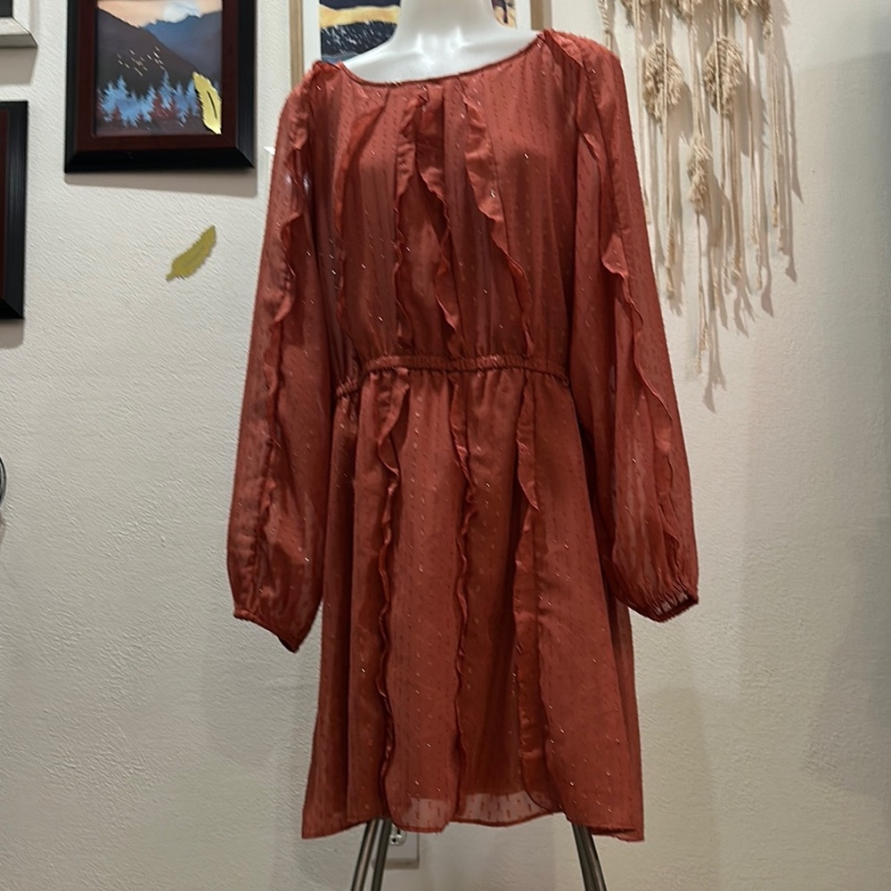 LC Lauren Conrad Orange Smocked Midi Dress with Bishop Sleeves